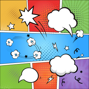 Comic strip and comic speech bubbles on colorful halftone background illustration